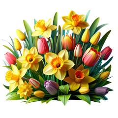 Obraz na płótnie Canvas Pring flowers, specifically daffodils and tulips, Easter Sunday ,3D rendering png , isolated on a transparent background