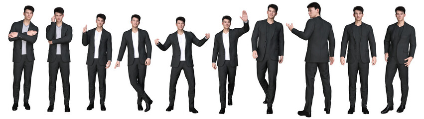 3D Render : set of male character is standing and wearing the business outfit with different body action, PNG transparent, isolated for graphic resource