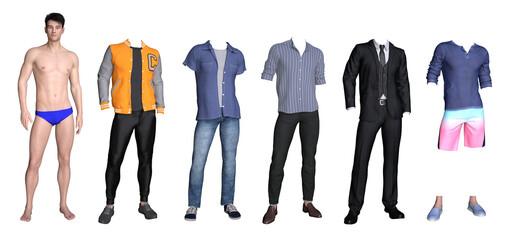 3d render : handsome male paper doll with different outfit for graphic resource, PNG transparent
