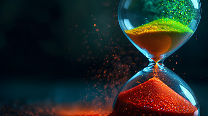 Hourglass with green, orange and red sand symbolizing urgency and change in time - obrazy, fototapety, plakaty