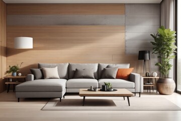 Interior home design of modern living room with gray sofa and tv against wooden wall