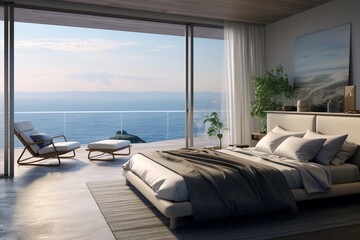 A bedroom with a view of the ocean and a balcony that is beautiful - obrazy, fototapety, plakaty