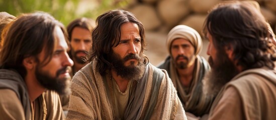 Fototapeta premium Church clergy discuss faith, reverence, hope, Christianity power, and teachings of Jesus Christ.