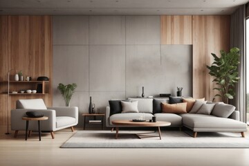 Interior home design of modern living room with gray sofa and tv against wooden wall