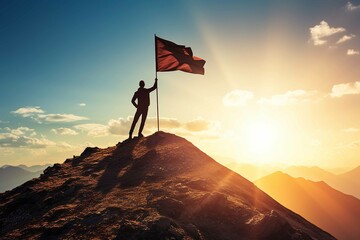 Silhouette of businessman holding flag on the top of mountain with over blue sky and sunlight. It is symbol of leadership successful achievement with goal and objective target - obrazy, fototapety, plakaty