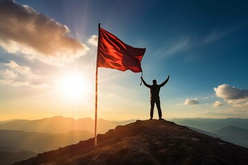 Silhouette of businessman holding flag on the top of mountain with over blue sky and sunlight. It is symbol of leadership successful achievement with goal and objective target - obrazy, fototapety, plakaty
