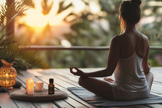 Someone is meditating or practicing mindfulness in a peaceful atmosphere, with MCT oil placed nearby.