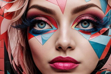 Abstract beautiful woman portrait in modern mosaic style . Colorful 3d Art. Poster
