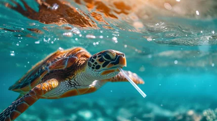 Fotobehang Sea Turtle with Plastic Straw in Ocean. © AI Art Factory