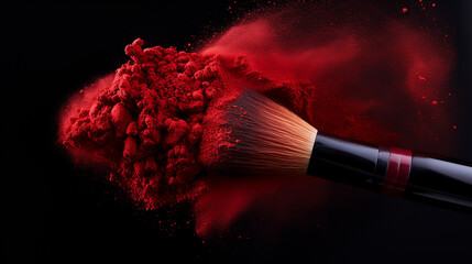makeup brush with red powder isolated on black background - obrazy, fototapety, plakaty