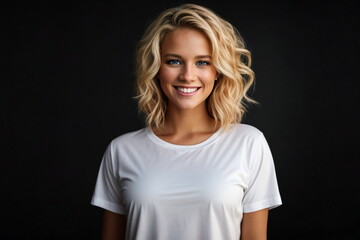 Beautiful young smilling blond woman wearing white t-shirt mockup on dark design background with copy space. Shirt Template for Print Design mock-up