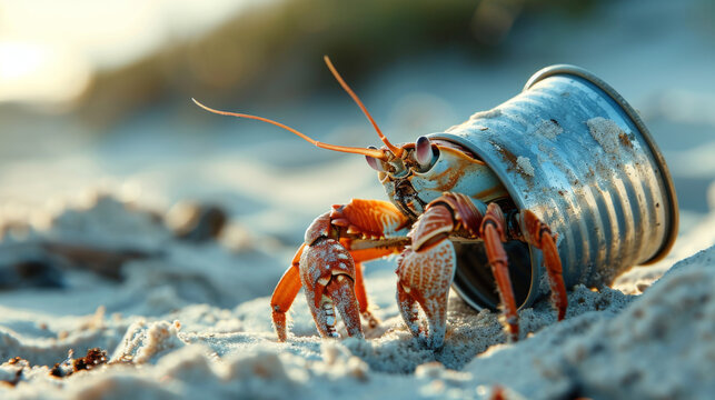 Hermit Crab Using Tin Can as a Shell on Beach.