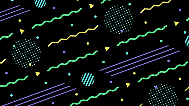 黒バックのカラフルなメンフィスデザイン背景,menphis design,pop,colorful,retro,wave,stripe,green,black