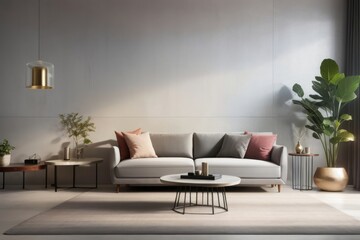 Interior home design of modern living room with gray sofa and houseplants on gray cement wall