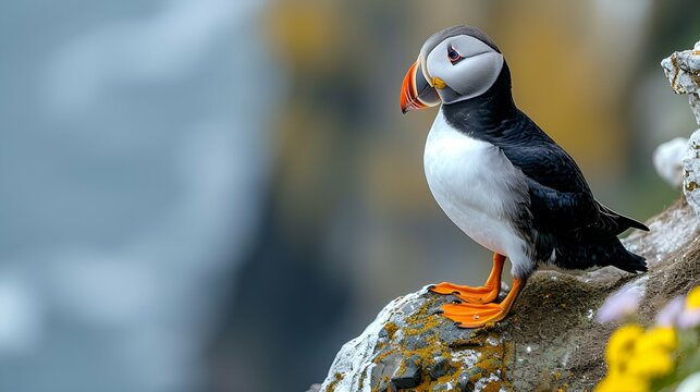 A puffin perched on a cliff edge, photographed from a high angle, its brightly colored beak and expressive eyes standing out against the rocky backdrop of its coastal habitat.