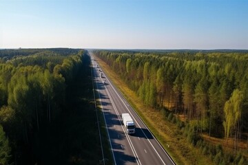 Truck passing another on forest-lined highway under sunny sky. Aerial view. Generative AI