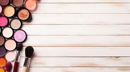 makeup cosmetics such as eyeshadows lipsticks mascara blush on white wooden background - obrazy, fototapety, plakaty