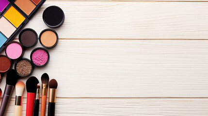 makeup cosmetics such as eyeshadows lipsticks mascara on white wooden background - obrazy, fototapety, plakaty