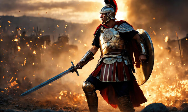 Roman male legionary (legionaries) wear helmet with crest, long sword and scutum shield, heavy infantryman, realistic soldier of the army of the Roman Empire, on Rome background. Warrior Gladiator