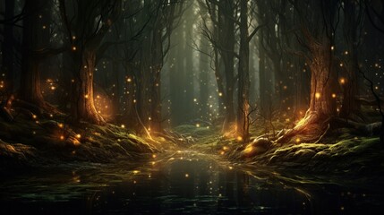 Abstract magical forest with glowing light. Fantasy glowing tree and flowers concept. Created with Generative AI