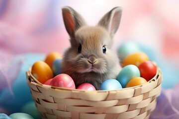 cute rabbit in basket with colorful eggs in soft shades. Generative AI