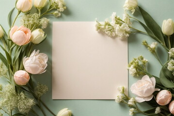 Greeting card mockup and beautiful flowers frame on pastel green background with copy space top view, flatlay. Empty blank sheet card mock up for holiday greetings. Day, Mother's day, birthday