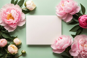 Greeting card mockup and beautiful pink peonies flowers frame on pastel green background with copy space. Empty blank sheet card mock up for holiday greetings. Valentine's day, Mother's day, birthday