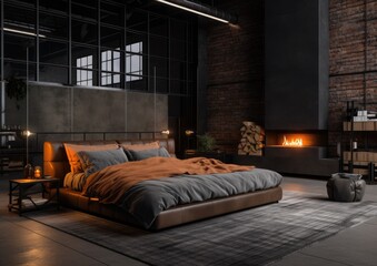 Modern spacious bedroom with a comfortable bed, ambient lighting, and a warm fireplace in an industrial-style loft