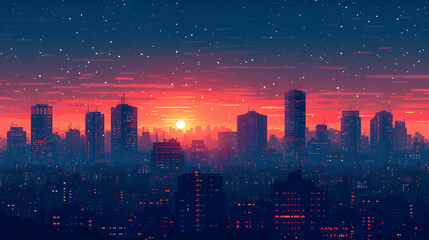 Fototapeta premium Pixel Art at Sunset - Retro Illustration
