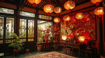 A luxurious traditional Chinese room decorated with red Chinese lanterns. Chinese New Year Lanterns Illuminate Festive.