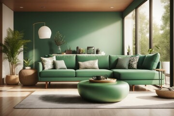 Fototapeta premium Interior home design of modern living room with green lounge chairs and ornamental plants near the window