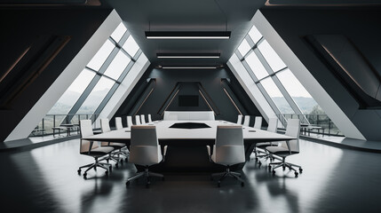 An empty, clean and sophisticated futuristic boardroom