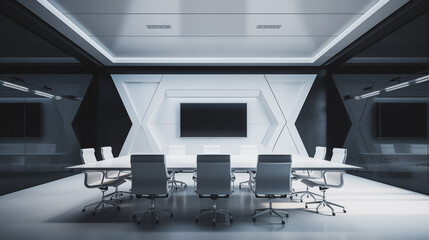 An empty, clean and sophisticated futuristic boardroom