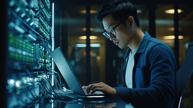 Asian male IT Engineer Works on a Laptop