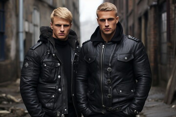 Fototapeta premium Two handsome brutal males in black leather jacket on the street.