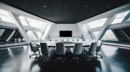 An empty, clean and sophisticated futuristic boardroom
