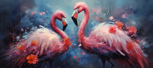 Fflamingo birds stand in blue sparkling water watercolor art background banner. Beautiful wild world. Poster