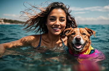 Happy young woman swimming in the sea with her dog. Summer vacation lifestyle.