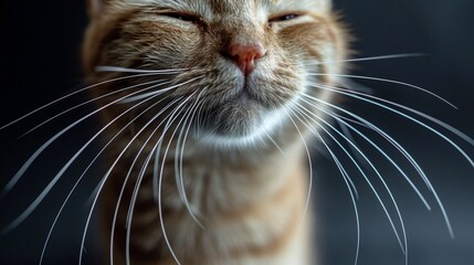A cat's whiskers close-up, photographed from a front angle, highlighting the intricate details and sensory marvel of these facial features that contribute to a cat's graceful movements.