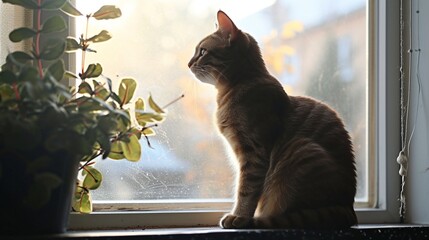 A cat gracefully perched on a windowsill, photographed from a low angle, capturing the silhouette against the backdrop of the outside world, showcasing the innate feline elegance.  - obrazy, fototapety, plakaty