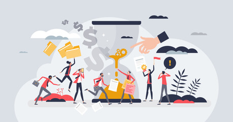 Business deadlines with hourglass and stressed managers tiny person concept. Anxiety from urgent project and work organization vector illustration. Fast process with high speed job performance. - obrazy, fototapety, plakaty