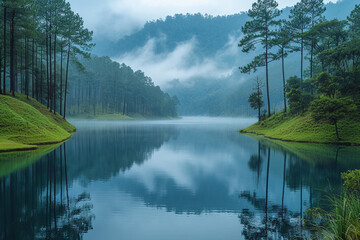 Pine tree forest and lake in the morning at Pang Ung, Mae Hong Son, Thailand - obrazy, fototapety, plakaty