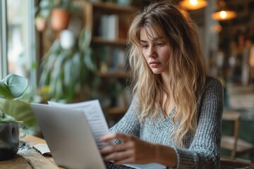European woman pays bills online via laptop
