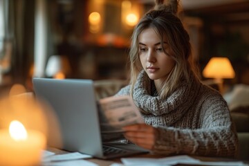 European woman pays bills online via laptop