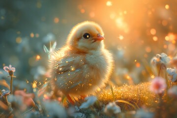 A little yellow chicken in a fantasy world, running around on a lawn with flowers. It's sunny and bright all around.