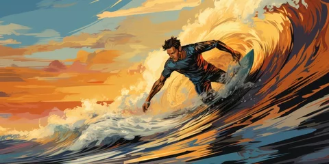 Foto op Canvas Professional surfer riding waves. man catching waves in ocean Surfing action water board sport. Water sport. Beach swimming activity on summer vacation. extreme sport. surfing at sunset time © masherdraws