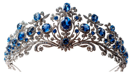 Beauty pageant winner, bride accessory in wedding and royal crown for a queen concept with a silver tiara covered diamonds and blue sapphire stones isolated on white with clipping path cutout. AI