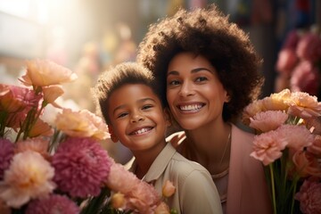 Happy mother's day. Child daughter and her mother smiling happily surrounded by a huge array of flowers. Spring summer time, flower market with fresh flowers