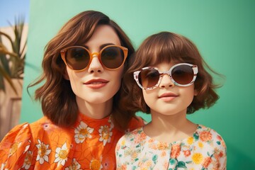 Smiling stylish young mother and child in 60s 80s vintage suit, happy day