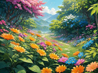 Fototapeta na wymiar Beautiful Garden with Colorful Flowers